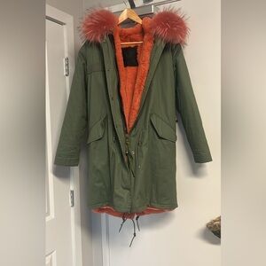 Mr & Mrs Italy Green Parka with Watermelon Pink Lining and Pink Raccoon Fur Trim